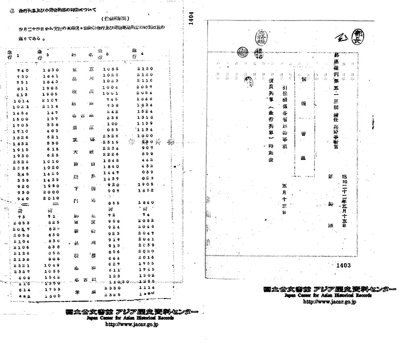 終連報丙第５１３号　昭和２２年５月１５日　連絡課　引揚関係各省連絡事項　５月１３日　復員列車（急行列車）時刻表