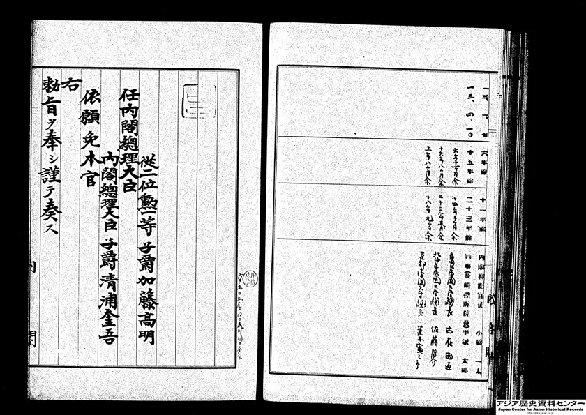 「任内閣総理大臣　子爵加藤高明」