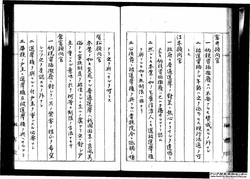 「納税資格撤廃についての富井政章・倉富勇三郎の発言」（該当箇所は14コマ）